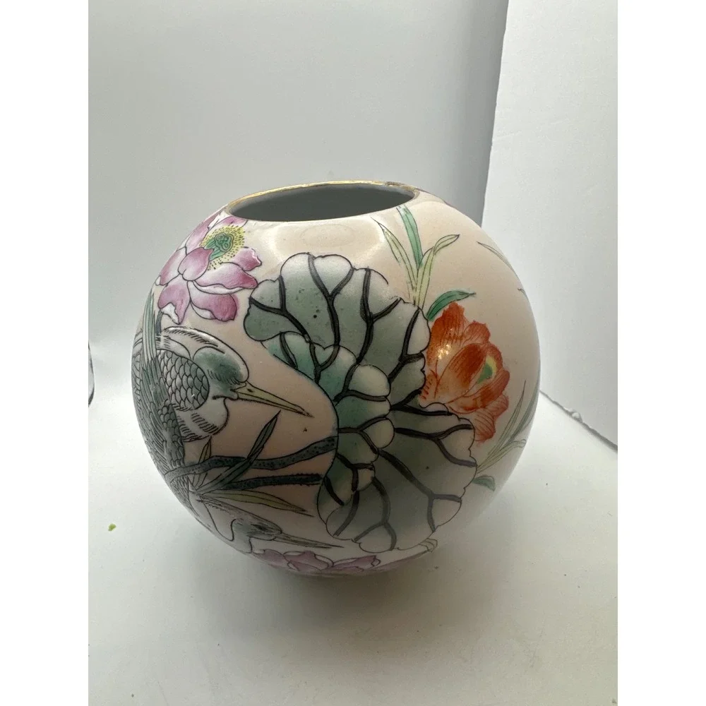 Vintage Porcelain Vase Oriental Bird Lotus Floral Design Macau Decor
